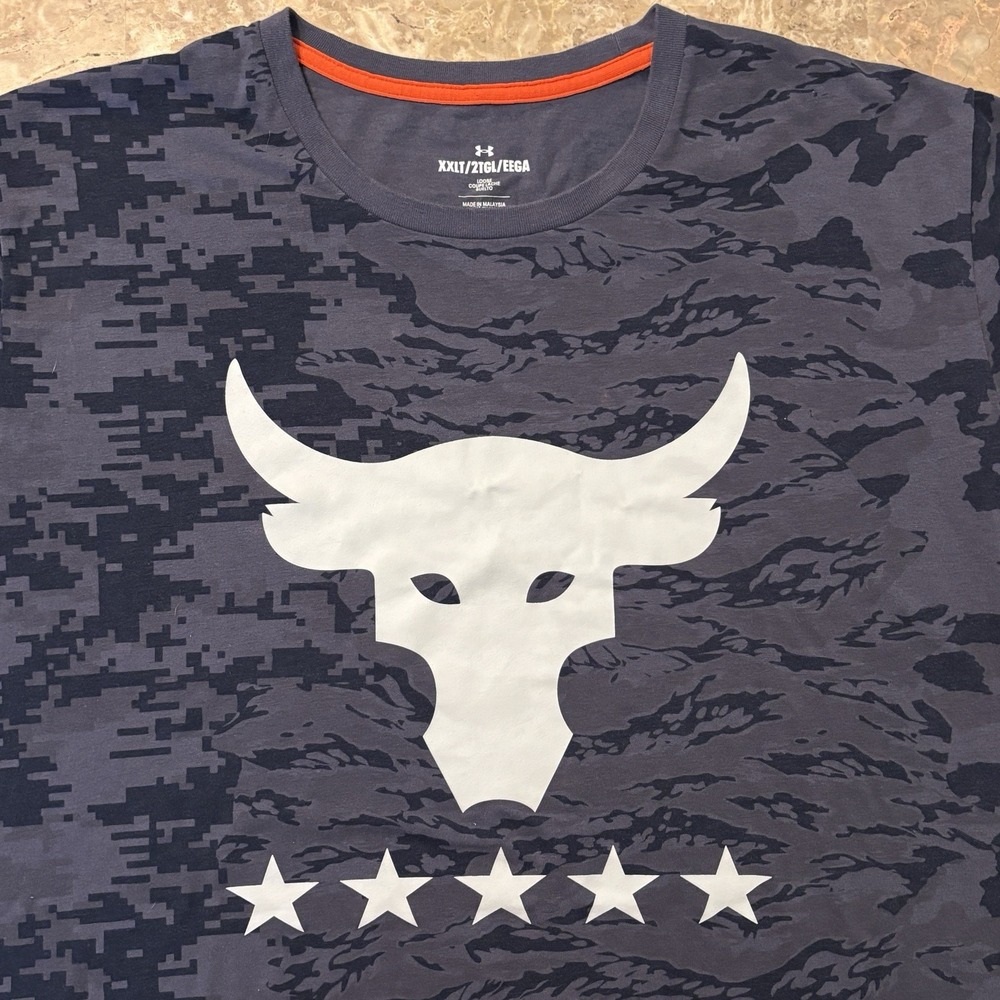 Under Armour Project Rock Shirt Mens 2XL Tall 2XLT Blue Camo Bull USA Flag